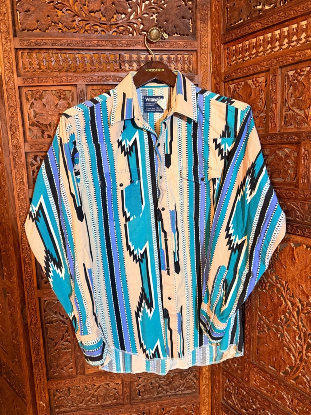 Vintage Wrangler Western Shirt Size 15.5-33 Brushpopper Aztec Geometric 90's